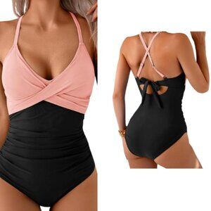 B2prity Women’s One Piece  Tummy Control Black /Pink Swimsuit Size Medium (NWOT)